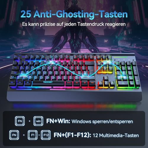 TECKNET Gaming-Tastatur Kabellos, QWERTZ-Tastatur (Deutsches Layout), Membran Tastatur mit 105 Tasten, Vollmetall-Pane, RGB Beleuchtung, Handgelenkauflage, 25 Anti-Ghosting-Tasten für Gamer & Büro 6