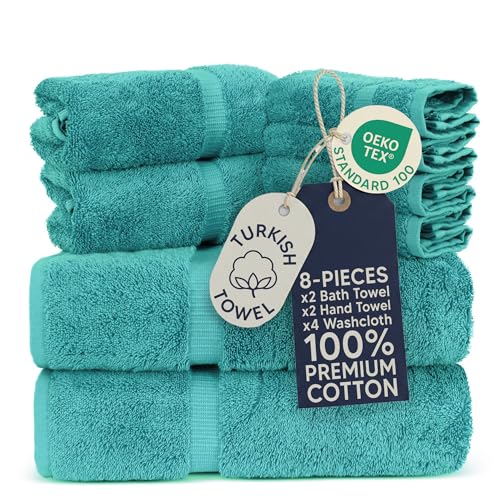 Towel Bazaar Premium Turkish Cotton Super Soft and Absorbent Towels (8-Piece Towel Set, Aqua Blue)