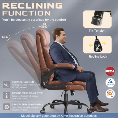 Image of Office Chair-Executive High Back Breathable Big and Tall Office Chair Flip-up Armrests Lumbar Support-Ergonomic Leather Rolling Swivel Chair with Rock Function for Working Studying Gaming,2 Pack