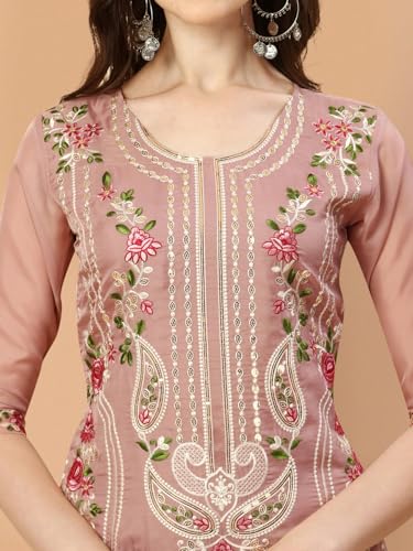 Image of NIVANA Womens Pakistani Embroidered Kurta with Pant & Dupatta | Organza Kurta Set with Round Neck & 3 /4 Sleeves | Traditional Ethnic Wear for Festive and Party Occasions