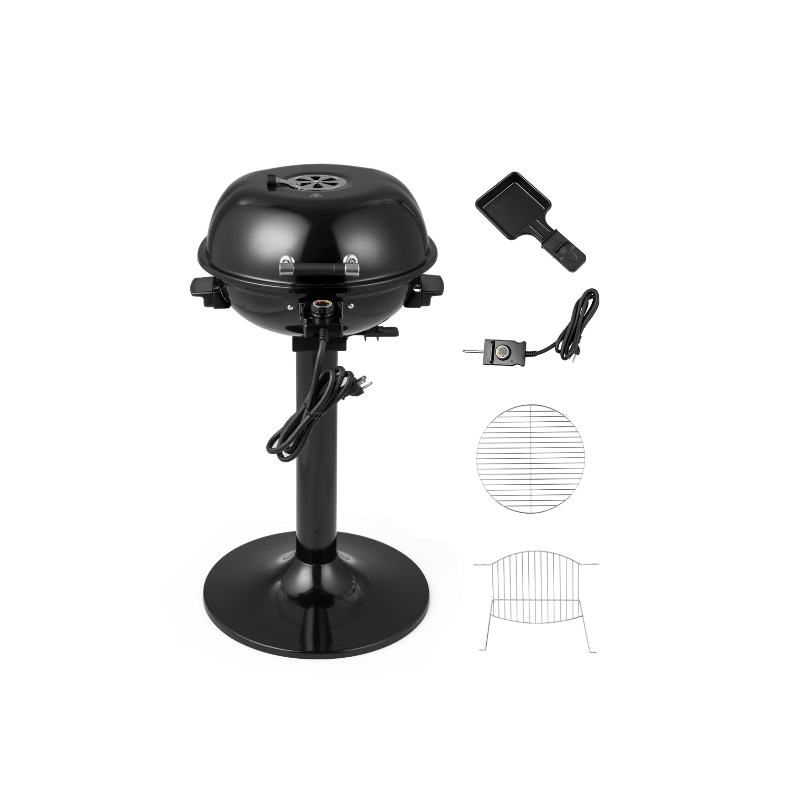 GOPLUS Barbecue Electrique sur Pied φ44CM, 1600W, Température Réglable de 93-218℃, Chauffage Rapide, Grille de Cuisson Métallique, Bac à Graisse et Thermomètre Amovible, pour Intérieur & Extérieur