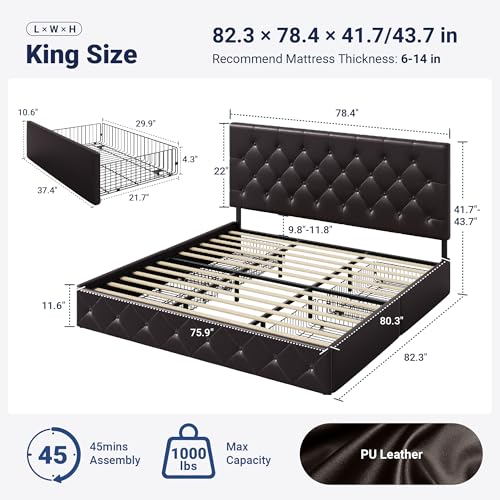 Image of Allewie Upholstered King Size Platform Bed Frame with 4 Storage Drawers and Headboard, Diamond Stitched Button Tufted, Mattress Foundation with Wooden Slats Support, Black Brown