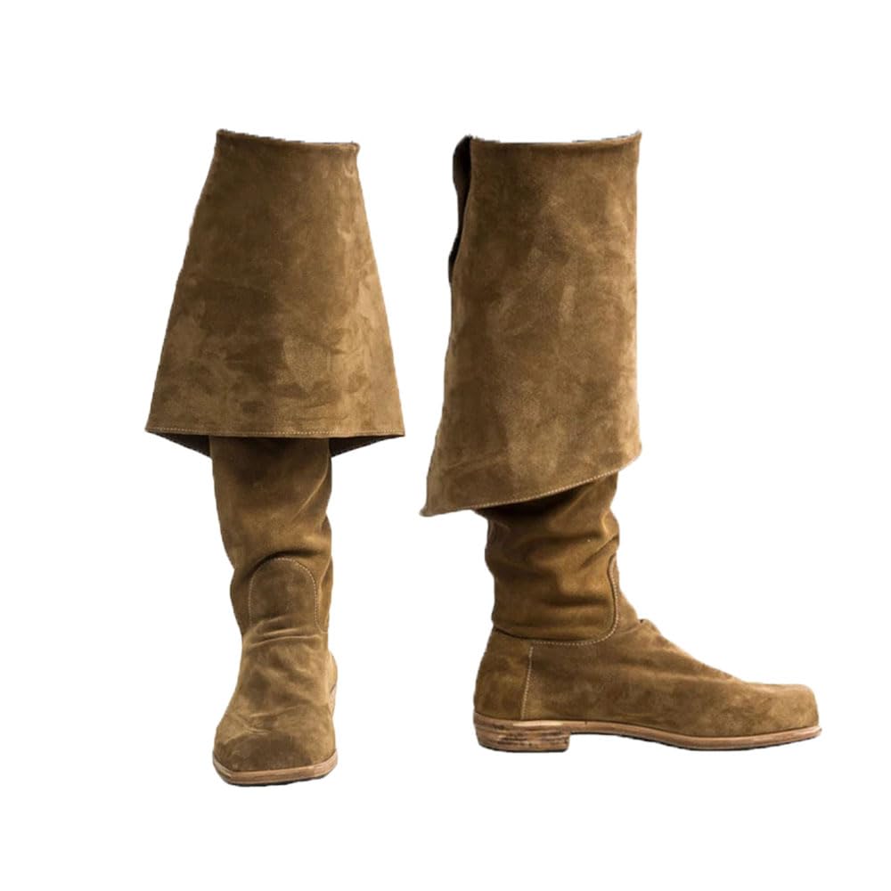 Zapatos Medievales Vikingo Retro Rodilla Altura Terciopelo Caballero Botas Cosplay Pirata Capitán Medio Bota Zapatos para LARP Adulto (Brown,46)