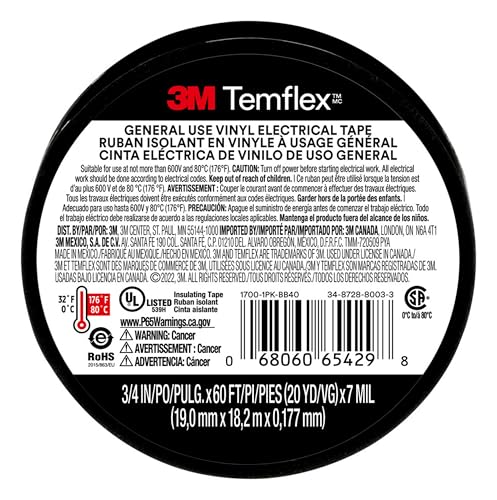 Image of 3M Temflex General-Purpose Vinyl Electrical Tape (1700), 3 /4 in. x 60 ft., 7 Mil, Black, 3 Rolls