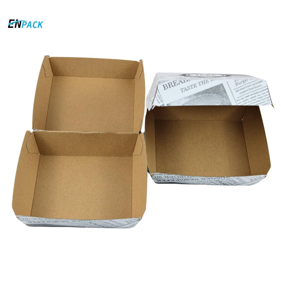 Enpack Burger-Box in Weiß aus Kraftpapier - 13,5 x 13,5 x 7,5cm Snackbox mit Klappdeckel - Beschichteter Einmalbehälter mit Druck für Burger, Snacks und Chips