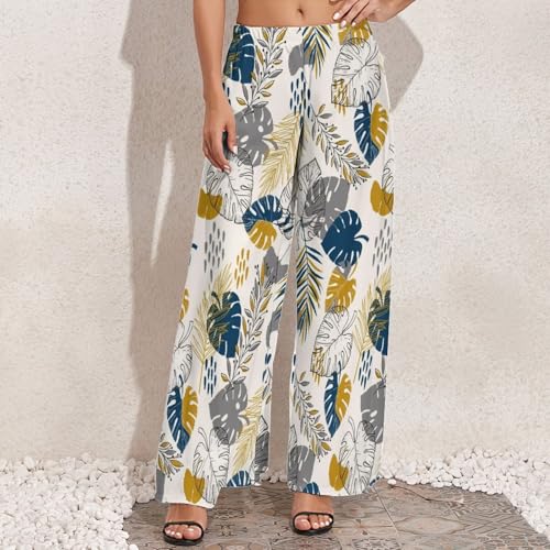 VOSERY Palazzo Pants for Women - Hawaiian Style Gold Leaves Comfy Casual Womens Wide Leg Pants Baggy Lounge Pants3