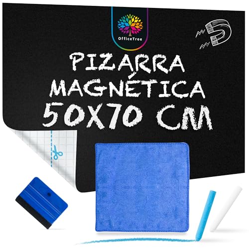 OfficeTree Pizarra Magnetica 50x70 cm - incluidas Paño y 2x Tizas - Pizarra Adhesiva Cuadro Magnetico para Imanes - Vinilo Pizarra Negra - Tablero Imantado Pared - Pizarra Tiza - Laminas Magneticas