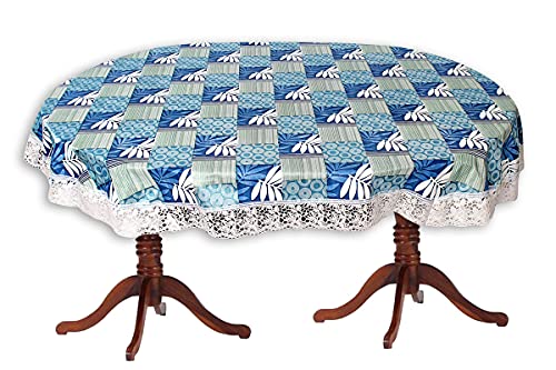 Image of The Furnishing Tree Waterproof PVC Oval Shaped 10 Seater Table Cover WxL 60x120 inches Surface Pattern Blue with White Border lace