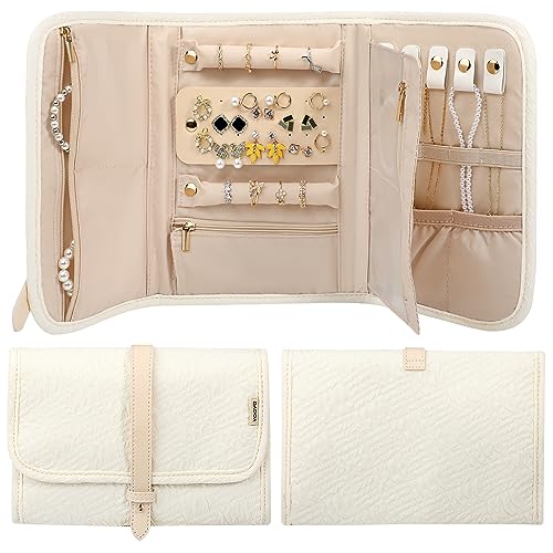 Voova Travel Jewelry Holder Organizer Case, Large Jewelry Storage Bag for Women Girls, Foldable Traveling Jewellery Pouch Roll for Necklaces Rings Earrings Bracelets, Apricot