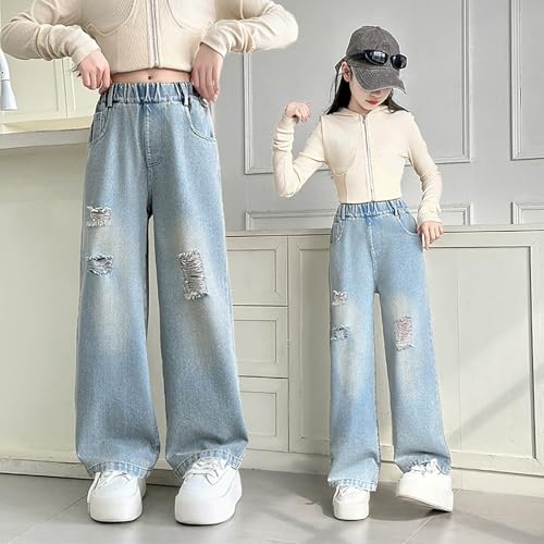 Kids Girls Jeans Distressed Star Applique Elastic Waist Baggy Wide Leg Denim Pants Y2k Streetwear Trousers with Pockets2