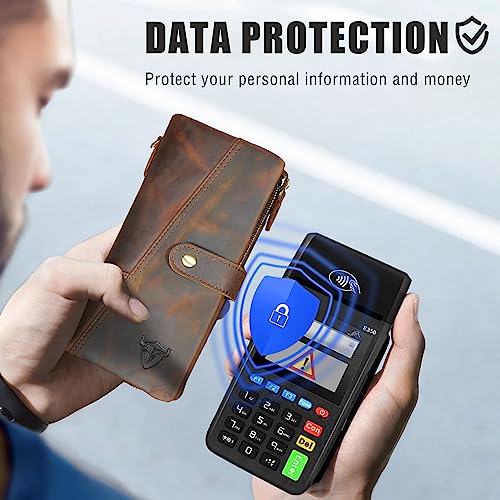 Genuine Crazy Horse Leather Travel Gift Coin Pocket Card Case Long Organizer Chain Rfid Wallet Purse With Snap For Men Male 1803 (1803 Brown)3