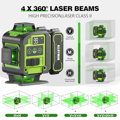 Image of Laser Level with Tripod, Alloyman 4x360 Self Leveling Laser Level, Green Line Laser 4D Laser Leveler Tool with 2Pcs Lithium Batteries for Picture Hanging, Tile, Home Renovation, Indoor(Green)