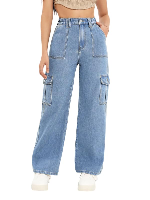 Image of Amazon Brand - INKAST Women Multi-Pocket Denim Cargo Pants Casual Fit Stylish Trousers