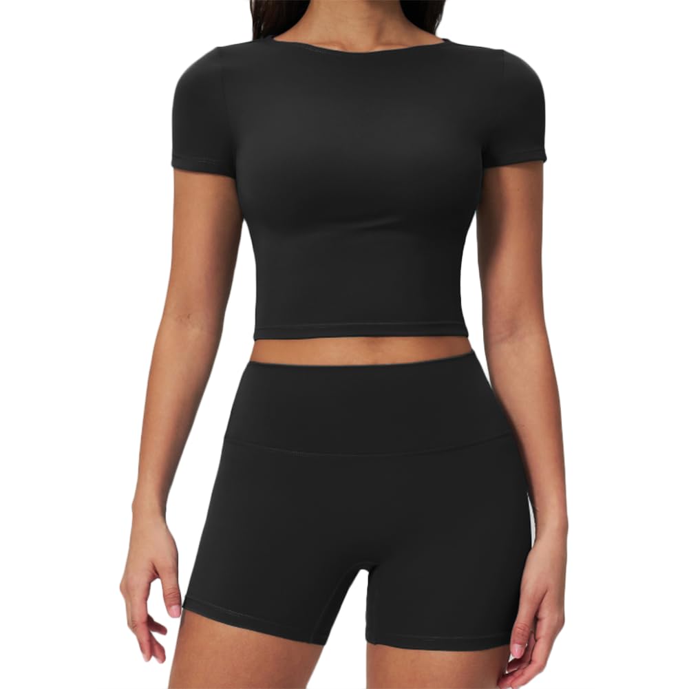 XYFfybhsd Women Yoga Outfits 2 Piece Set Workout Gym Shorts Short Sleeve Crop Top Sets Activewear(Size:L,Color:Black)