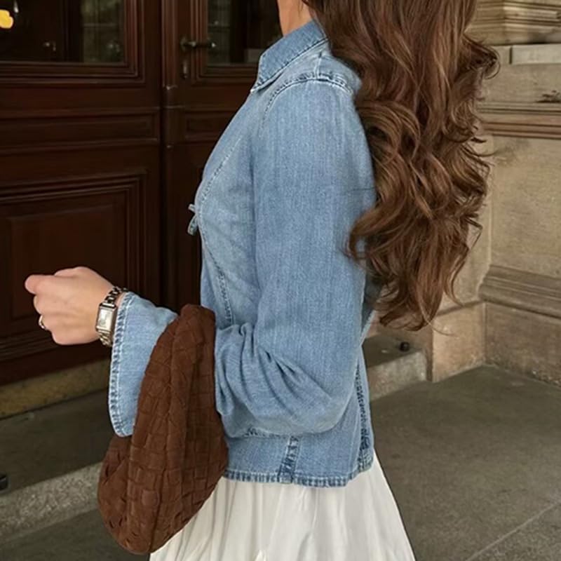 Cropped Jean Jacket Women Tie Front Tops Long Sleeve Bow Top Y2k Denim Blouse Denim Shacket Spring Fashion3