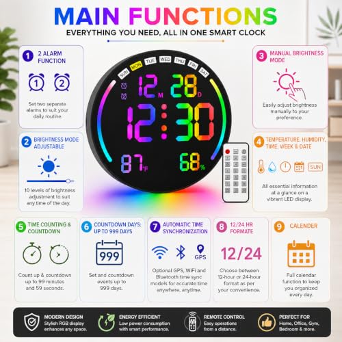 Image of AERYS 10 inch RGB Digital Alarm Wall Clock Table Clock with Remote, Auto Dimmer,Temperature, Humidity, Dual Alarms, for Living Room, Gym, Garage, Gift, Home Decor(RGB Round Wall Clock) (1 Year Warranty)