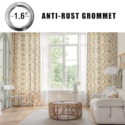 Image of SUOUO Red Floral Curtains for Living Room Chenille Light Filtering 84 Inches Long 2 Panels Patterned Green Yellow Wildflower Window Drapes for Dining Bedroom