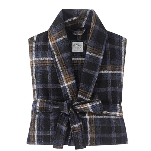 Men's Soft Microfiber Flannel Bathrobe - Scottish Plaid Robe with Shawl Collar Lightweight for Unisex