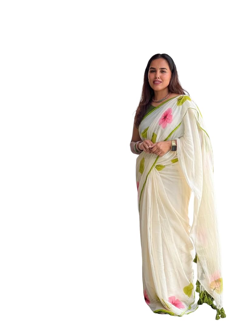 Floral Printed Linen Saree with Matching Unstitched attached Blouse, Tassel Border, White, Green Border Lightweight Daily & Festive Saree for Women-image-49
