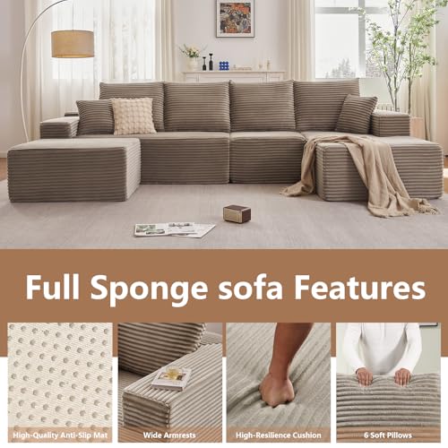 Image of 135.4 inchModular Sectional Sofa, Boneless Couch U-Shaped Sofa for Living Room | Cloud Couch Sectional with Ottoman, 4 Seater Deep Seat Memory Foam Compressed Sofa, No Assembly, Right-Facing Chaise, Camel