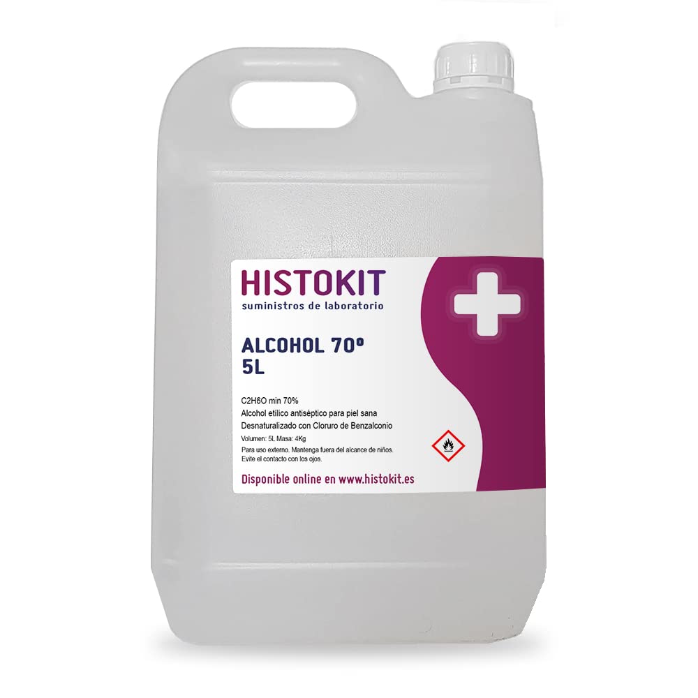 Alcohol etílico 70° antiséptico HISTOKIT 5 Litros. Etanol con benzalconio. Desinfección de piel sana y Limpieza desuperficies.
