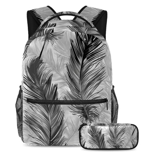 Cartable vintage plumes noires grand sac à dos scolaire ado fille garçon avec trousse