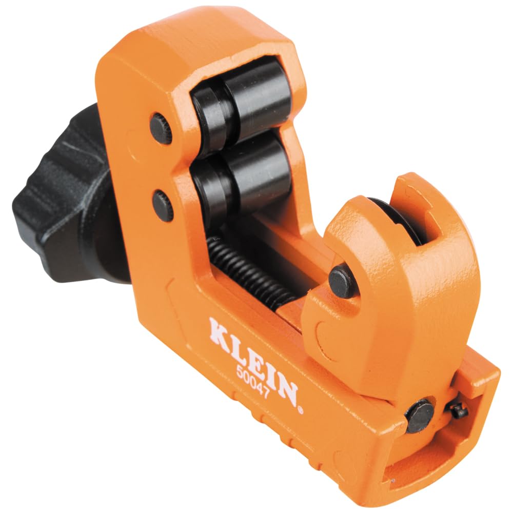 Klein Tools 50047 Mini cortador de tubos, diámetro exterior de 1-1/8 pulgadas, capacidad de corte para tubos de aluminio y cobre, hoja de repuesto incluida