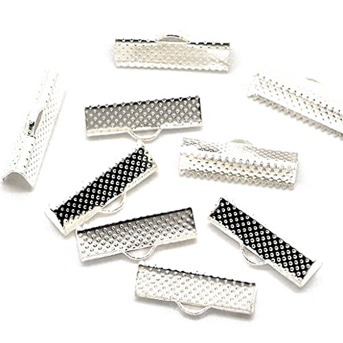 Pandahall 50pcs Iron Ribbon Crimp Ends Flat Leather Cord Clamp Crimp Ends Jewelry Making Silver Color 16x8mm