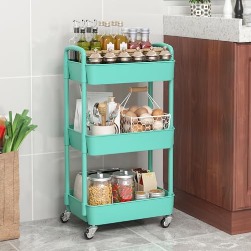 Image of Sywhitta 3-Tier Plastic Rolling Utility Cart with Wheels for Storage, Green | Multi-Functional Storage Trolley, for Office, Living Room, Kitchen, Bathroom,Movable Organizer,Space-Saving,Easy to assemble
