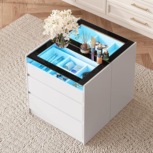 ZORPLIX White Dresser for Bedroom Set of 2 3 Drawer Dresser with Glass Top and LED Light Modern Chest of Drawers Closet Island with Drawers Dressers Organizer for Bedroom Closet