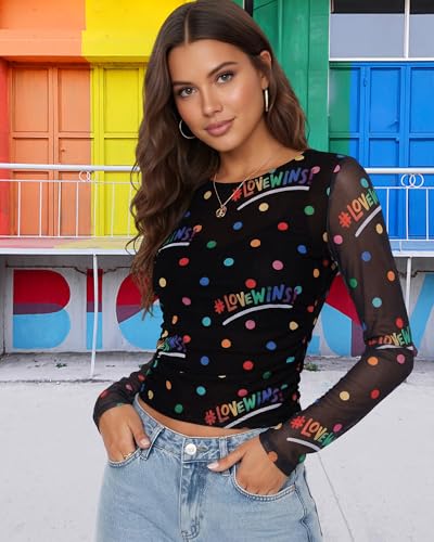 Image of MOUSYA Sheer Tops for Women Mesh Long Sleeve Top See Through Sexy Going Out Tee Summer Crewneck Party Undershirt