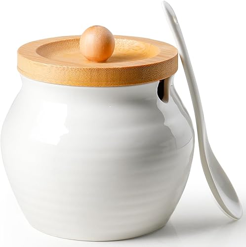 AISBUGUR Azucarero con tapa y cuchara tarro de azúcar de 13 oz con tapa de bambú, recipiente de azúcar de cerámica para barra de café - encimera,