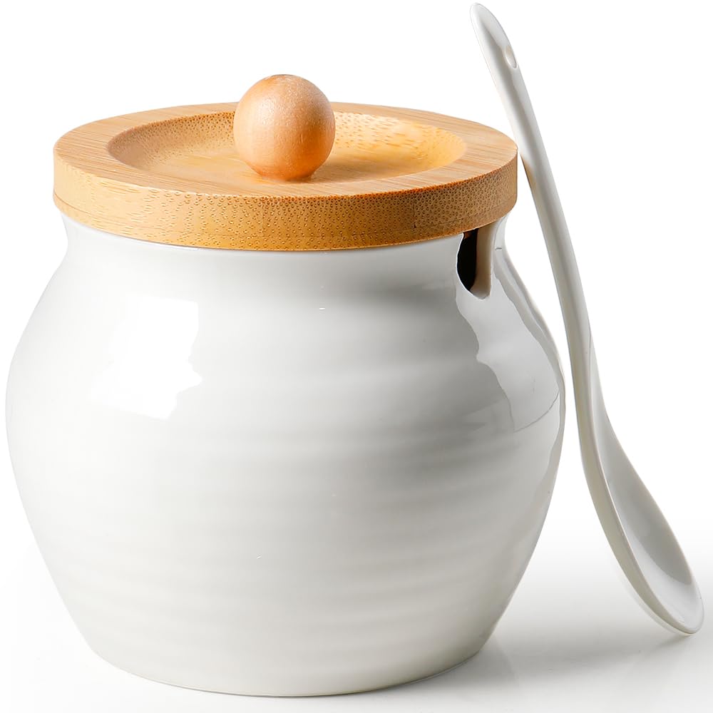 AISBUGUR Sugar Bowl with Lid and Spoon: 13oz Sugar Jar with Bamboo Lid,Ceramic Sugar Container for Coffee Bar - Countertop,Kitchen Decor, White