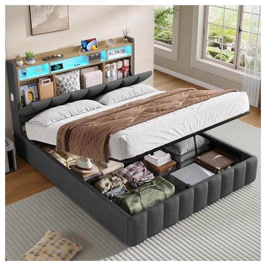 KIMENICH Lit Coffre 140 x 190 à LED, Lit Hydraulique avec Étagères Ouvertes et Rangement Caché en Tête de Lit Capitonné, lit 2 Personnes avec Lattes en Bois, Lits 140 x 190 avec Sommier en Lin Gris