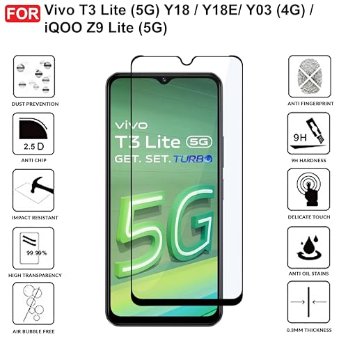 Image of CEDO Tempered Glass for Vivo T3 Lite (5G) Y18 / Y18E / Y03 (4G) / iQOO Z9 Lite | Screen Protector Full HD Quality Tempered Glass Anti-Scratch Edge to Edge Coverage with Easy Installation Kit (Black)