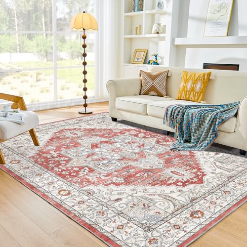 OPPODREAM 8x10 Area Rugs, Soft Area Rugs 8x10, Washable Carpet 8 x 10 with Non Slip Backing, Faux Cashmere Low-Pile 8 x 10 Carpet, Red & Grey