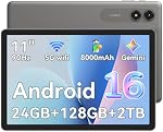 Tablette Android 16 11 po, 24 Go RAM + 128 Go ROM + 2 To extensible, affichage IPS 90 Hz, processeur octa-core T7250, 8000 mAh OTG inversé et charge rapide, tablettes Gemini IA, Wi-Fi 5G, garantie de 4 ans, Gris