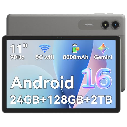 VekfulPC Tablet 11 Inch Android 16, 24GB RAM + 128GB ROM (2TB Expandable), 90Hz IPS Display, 8000mAh Battery, Octa-Core Entertainment Tablet, Dual-Band WiFi/BT5.0, Grey
