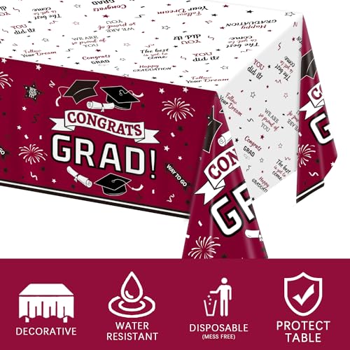 Image of Oigco Graduation Party Decorations, Congrats Grad Graduation Tablecloth for 2026 Graduation Party Supplies, 3 Pack Maroon Disposable Plastic Table Cover, 54 inchx108 inch