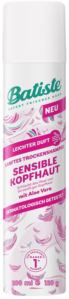 Batiste Trockenshampoo Sensible Kopfhaut Leichter Duft, 200 ml, dermatologisch getestet, sanft zur Kopfhaut, ohne Ausspülen, Haarpflegespray, leichte Formulierung für erfrischtes Haar, mit Aloe Vera