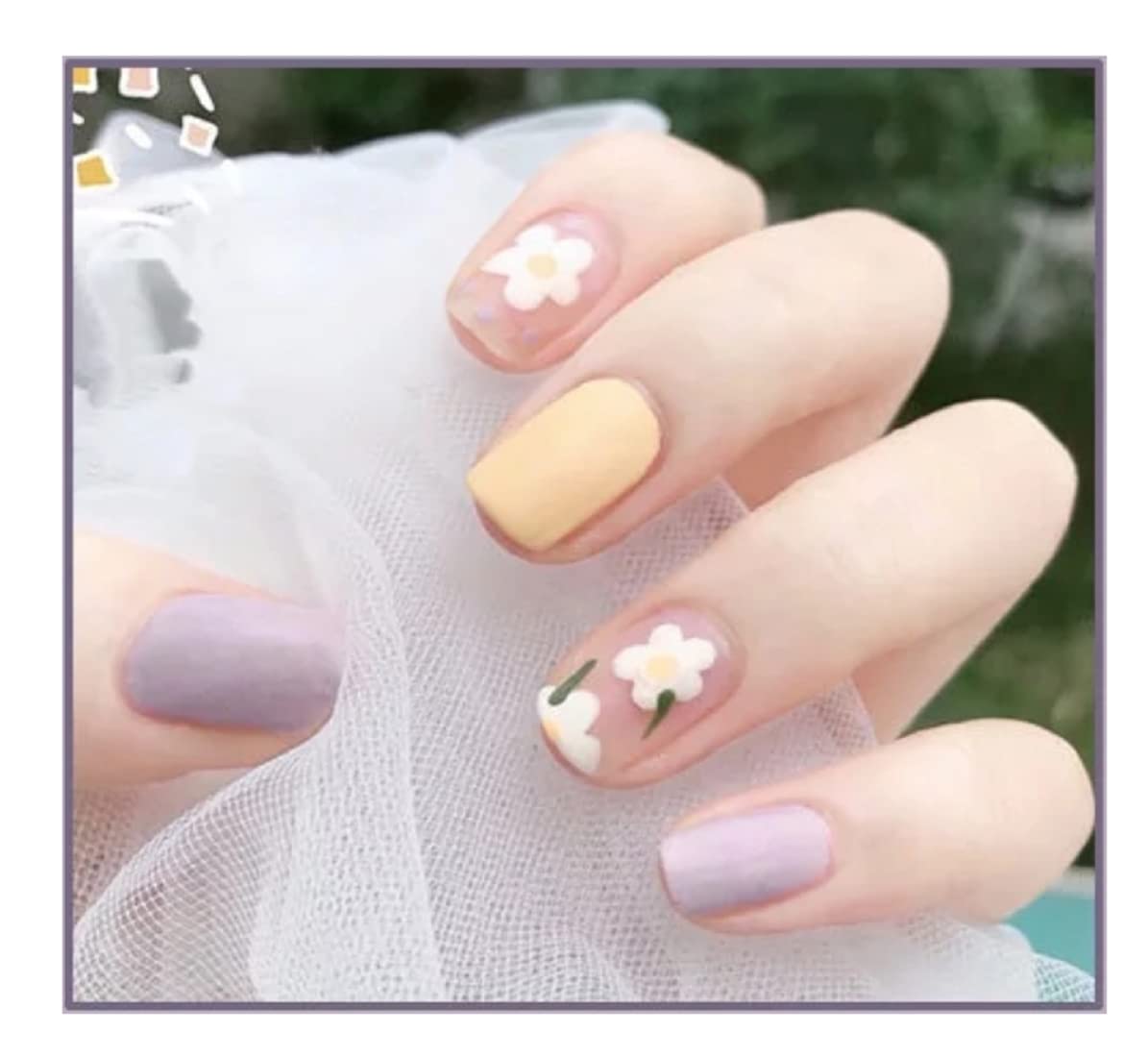 VIKSON INTERNATIONAL 24 Pcs press on Lavender purple Yellow || UV Glossy floral || Press on fake Artificial Nails extension set || with sticker sheet for girls women.