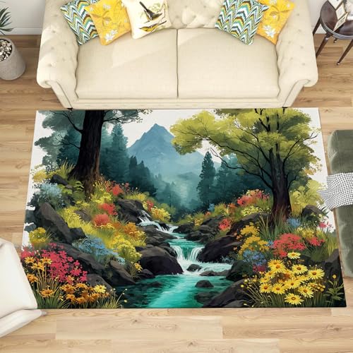 Tapis salon lavable 150x210 cm vert sauge paysage fantastique poil ras