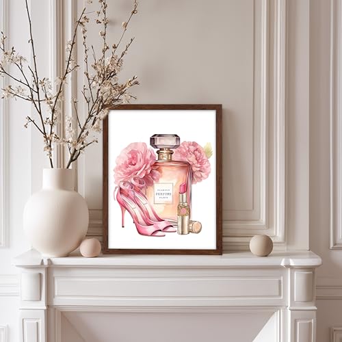 Image of Poster Master Pink Designer Print - Fashion Poster - Shoes, Lipstick & Perfume Art - Chic Gift for Women & Fashionista - Glam Decor for Bedroom or Girl's Room - 11x14 Brown Framed