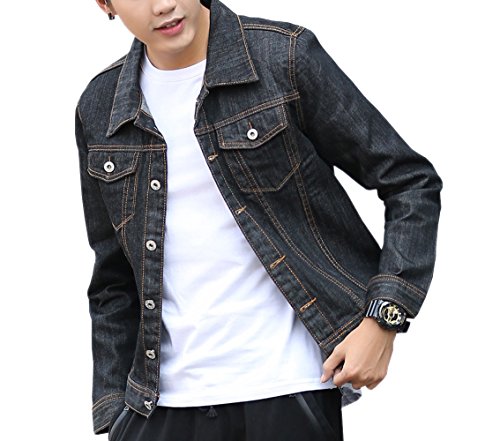Ewindy Mens Denim Jacket Solid Casual Slim Cowboy Denim Tops Denim Jacket (Black, M)