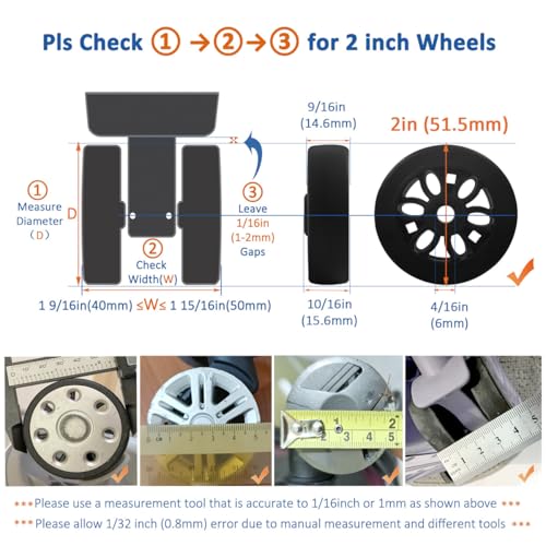 Luggage Wheels Replacement Set Diameter 2in/51mm Thickness0.59in/15mm Suitcase Rubber Inline Wheel Fit 6mm&8mm Shaft Slot wIth Full Set Repair Tool for 20-24in Suitcase Trolley Bag Drawbar Travel Box2