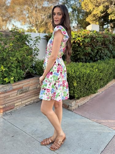 Image of Simplee Womens Summer Dress 2026 Ruffle Short Sleeve Floral Boho Dress V Neck A-line Drawstring Mini Dress with Pockets