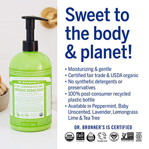 image for Dr. Bronner's - Organic Sugar Soap (Lemongrass, 12 Ounce) - Made with 