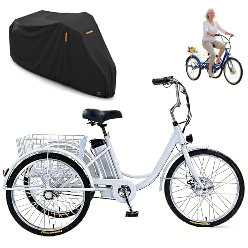 Triciclo Eléctrico De 24' Para Adultos,Con Funda Y Cesta,Triciclo Electrico Adulto De 3 Ruedas Para Personas Mayores,Carga De 300 Lb,Para El Uso Diario De Personas Mayores Y Para Ir De Compras White