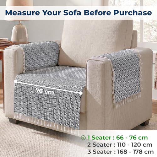 Image of Story@Home Quilted Anti Slip Sofa Cover Mat with 2 Armrest Cover, 1 Seater Velvet Sofa Protector with Tassels | Sofa Cover Mat for 1 /2 /3 Seater & L-Shape Sofa - 76 x 61 Cm - Navy Blue & White