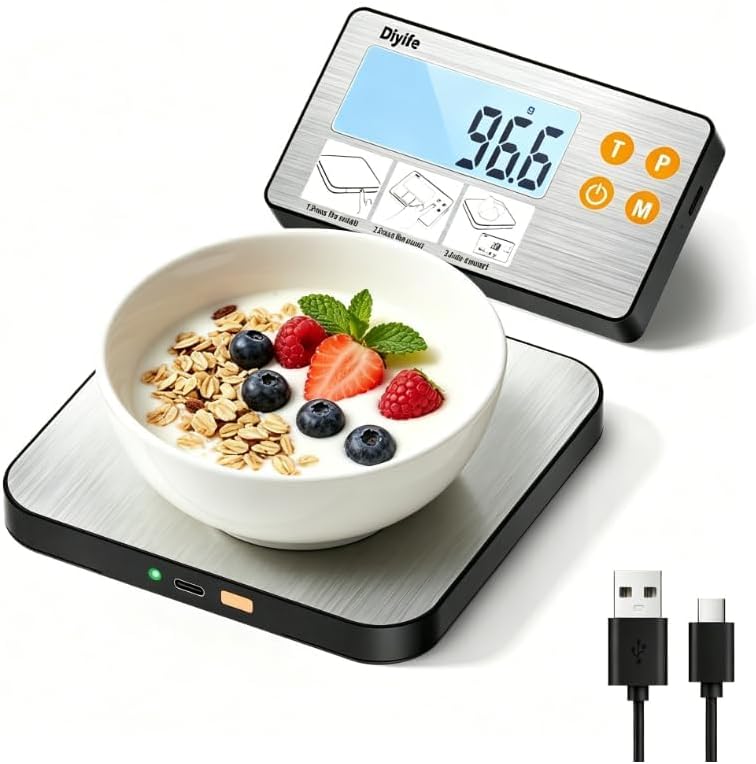 Diyife 15kg Rechargeable Split Food Scale, Digital Kitchen Scales with Split Display, 1g/0.1oz High Accurate, Food-Grade 304 Stainless Steel, 7 Units, Backlit LCD, for Cooking, Baking, Meal Prep